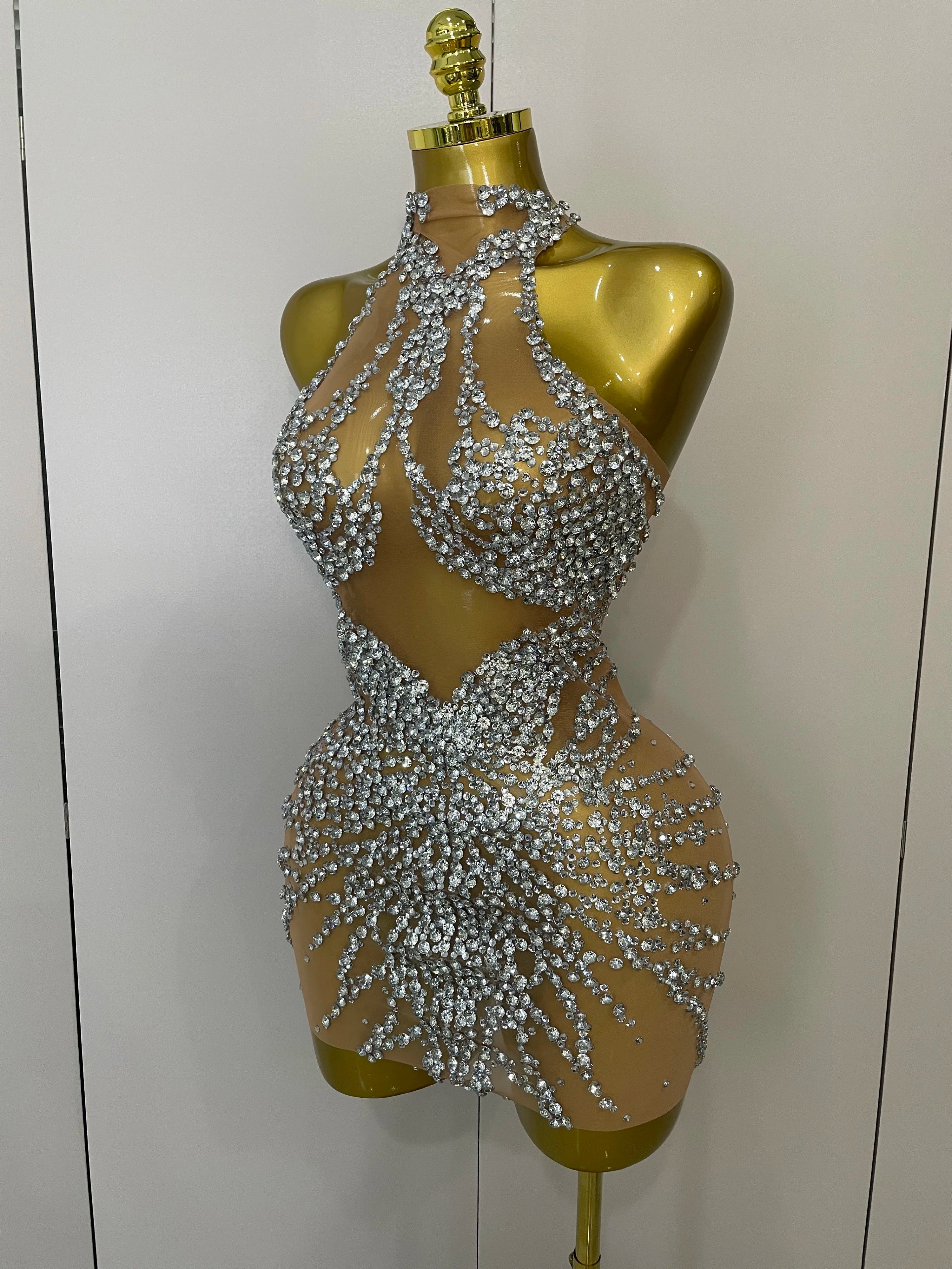 STOCK Sparkly Rhinestones Sexy Mesh See Through Dress Party Evening Prom Celebrate Birthday Dress Singer Dancer Show Stage Wear Secondary image