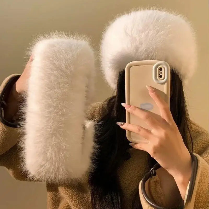 Winter Lmitation Fur Thickened Fluffy Headband Plush Solid Color Headwear Outdoor Windproof Ear Warmer Head Cover Ski Cap Main image