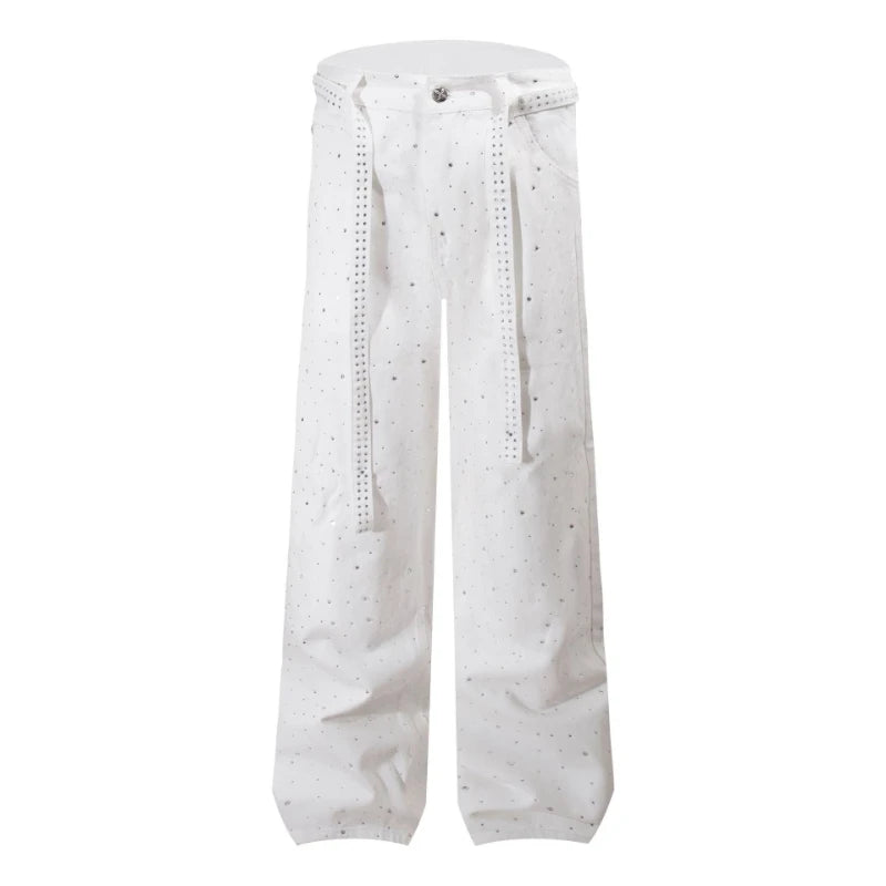 Pants Denim Men Jeans Wide Leg Long Pant Vintage Loose Hot Drilling High Waist Straight Trousers Y2k Streetwear Lace Up Spring