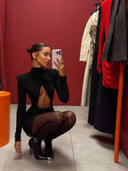 Sexy Hollow-out Pleated Mini Dress Women Fashion Solid Half High Collar Long Sleeve Slim Dresses 2025 Lady Party Club Robes