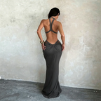 Halter Cut-Out Draped Super-Cut Back Bare Elegant Party Maxi Dress Waistless Backless Sleeveless Khaki Evening Prom Long Dress