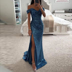 2026 Elegant Off-shoulder Gown Dress V-Neck Sequin Pleated Short Sleeve Waist Tight Maxi Dress Split Evening Party Prom Dress
