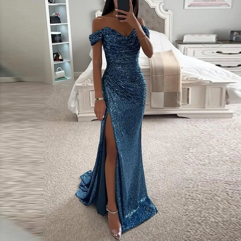 2026 Elegant Off-shoulder Gown Dress V-Neck Sequin Pleated Short Sleeve Waist Tight Maxi Dress Split Evening Party Prom Dress