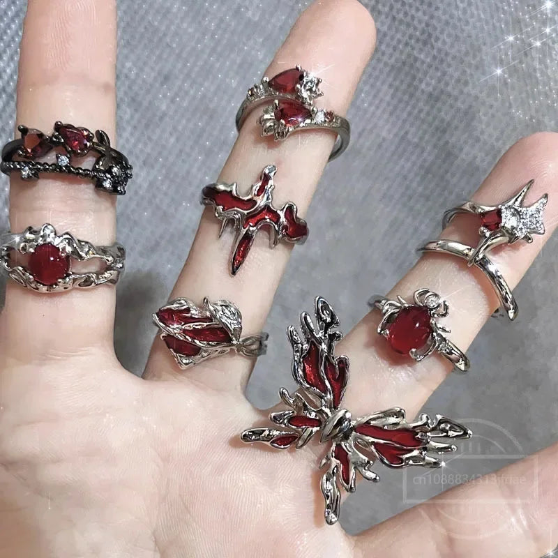 Irregular Red Crystal Glass Heart Aesthetic Rings For Women Y2K Gothic Animal Spider Ring Creative Grunge Jewelry Accessories Main image