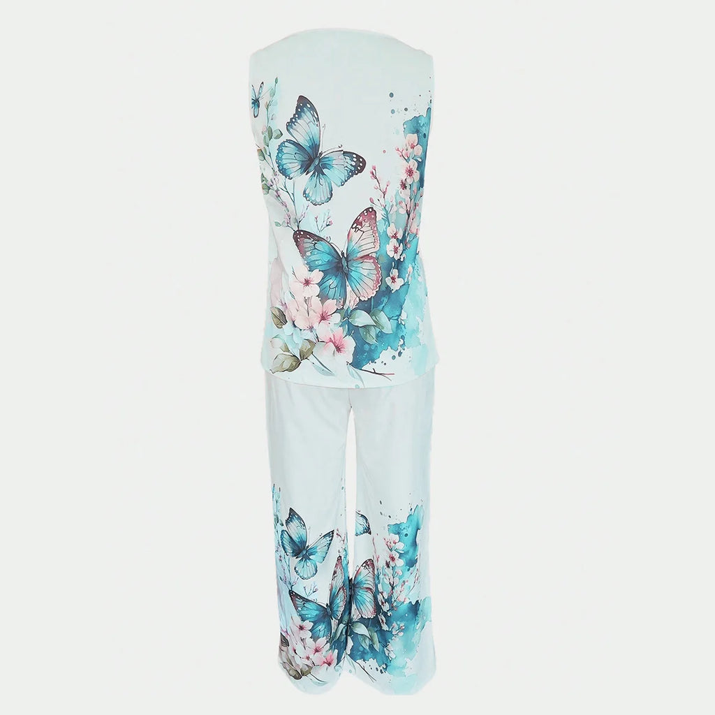 Simple Sleeveless Printed Vest Long Pants Set Women Summer Fashion Round Neck Casual T-Shirt Top Loose Pants Suit Clothes