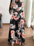 Women's Slim Dresses Casual Long Sleeve Round Neck Flower Printed Dress Strap Floor-Length Long Skirt Women's Clothing