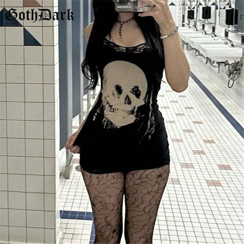 Goth Dark Streetwear Anime Skull Print Straps Mini Dress Fairy Lace Stitch Club Outfits Slim Sexy Bodycon Dresses Mall Gothic Main image