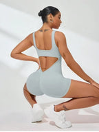 Sexy Backless Women Yoga Rompers U Neck Sleeveless Threaded Jumpsuit Solid Color Elastic Bodysuit Without Bust Pads Streetwear