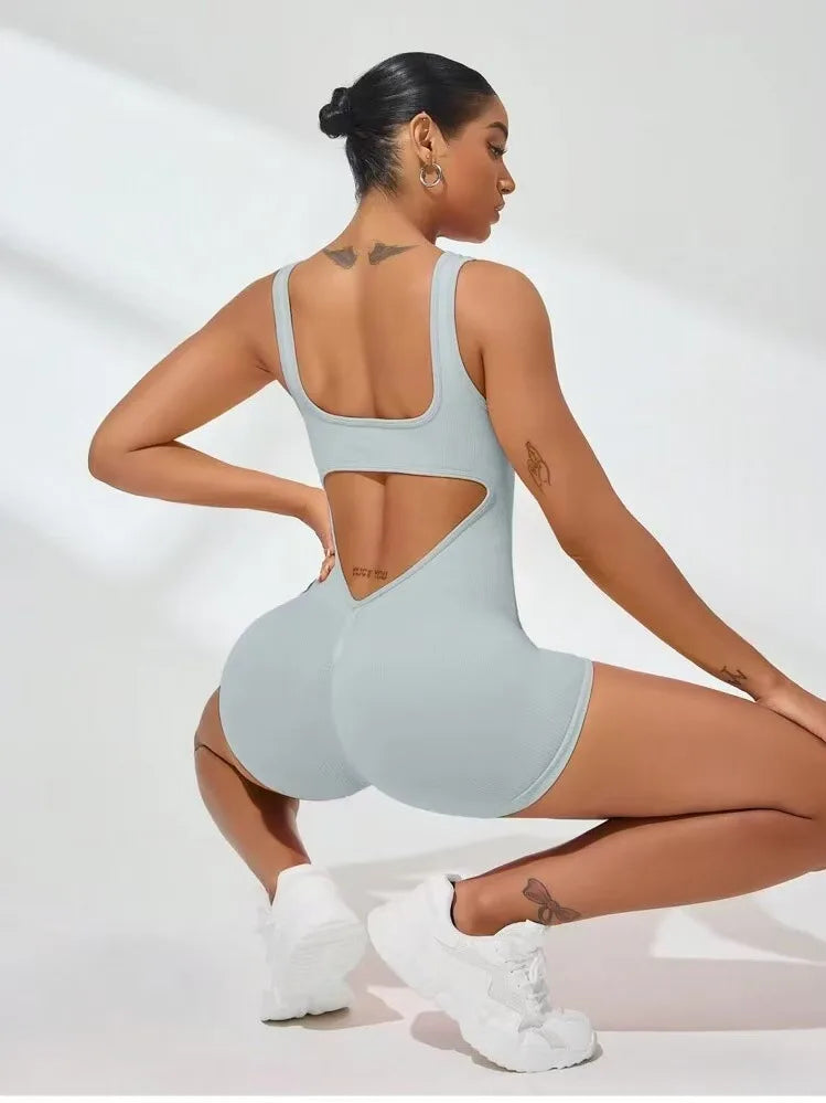 Sexy Backless Women Yoga Rompers U Neck Sleeveless Threaded Jumpsuit Solid Color Elastic Bodysuit Without Bust Pads Streetwear