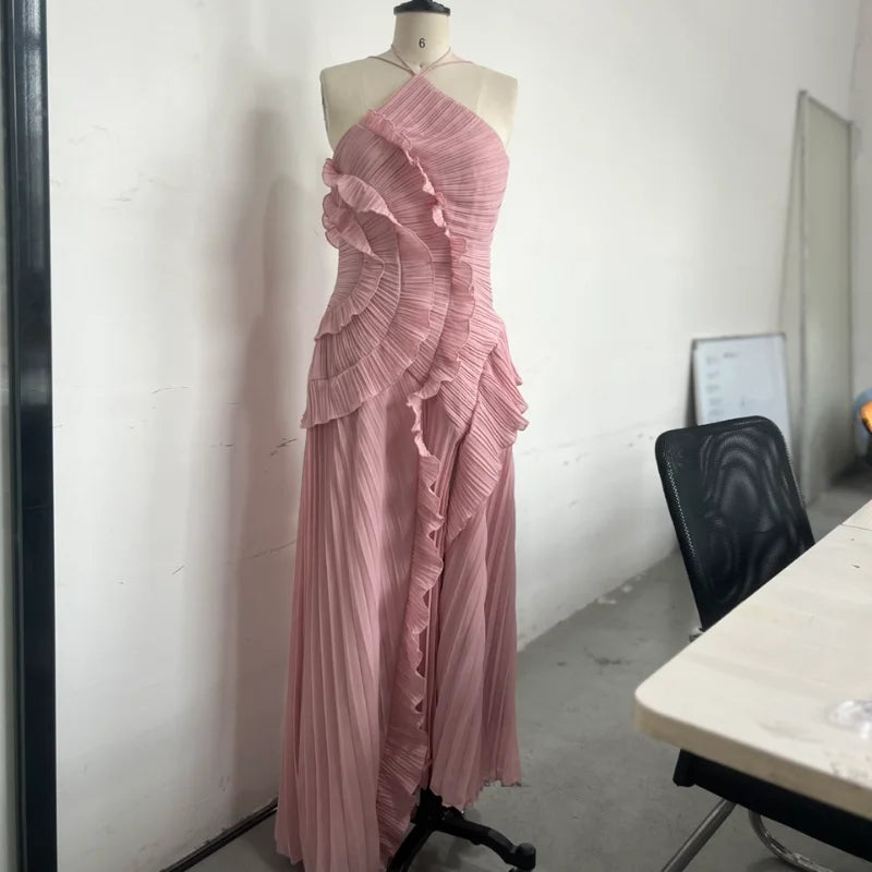 Chic Elegant Lotus Edge Maxi Dress Slim Fit Backless Lace Up Halter Robes Sleeveless Party Vestidos 2026 Nw Lady Vacation Gowns