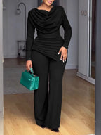 Swing Collar Ruched Jumpsuit Long Sleeve Solid Elegant Office Ladies Asymmetric Hem Autumn Casual Vintage Ruched Slim Rompers