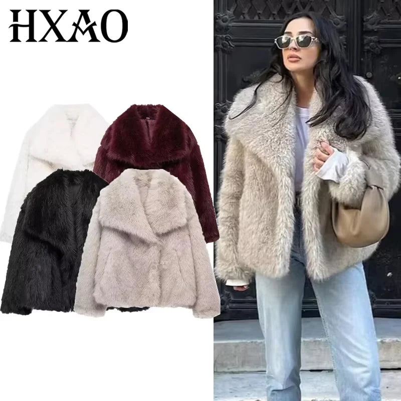 HXAO 2024 Woman Autumn Winter Faux Fur Coat Plush Fluffy Women's Jacket New in Outerwears White Red Gray Black Wool Blends Coats Main image