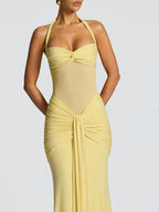 kliou Patchwork Elegant Women Maxi Dress Classic Sexy Sheer Ribbons Halter Backless Bodycon Female Trend Festival Evening Wear