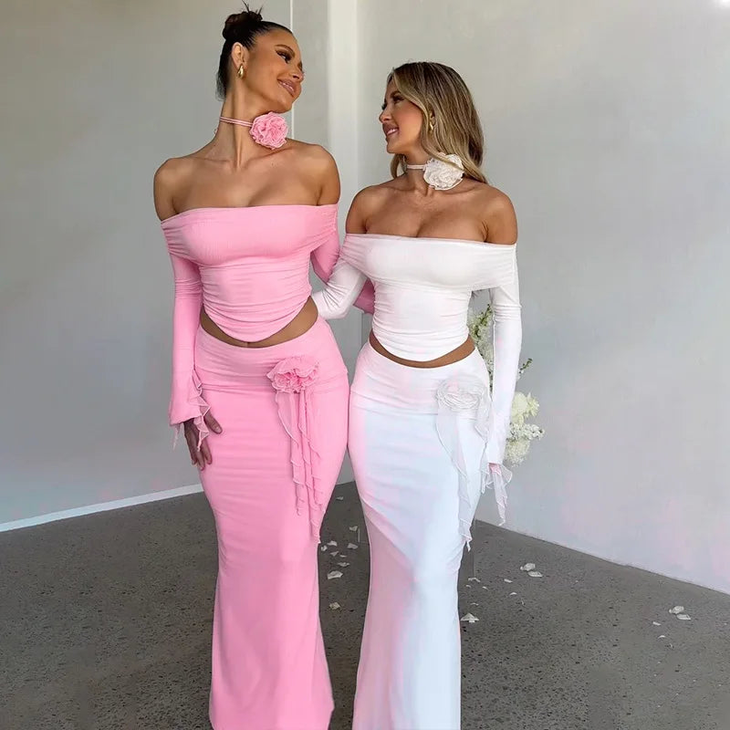 TARUXY Flower Bodycon Skirt Sets Women Slim Sexy Backless Lace Up Tops Women's Party Elegant Dress 2 Piece Womens Suits Outfits