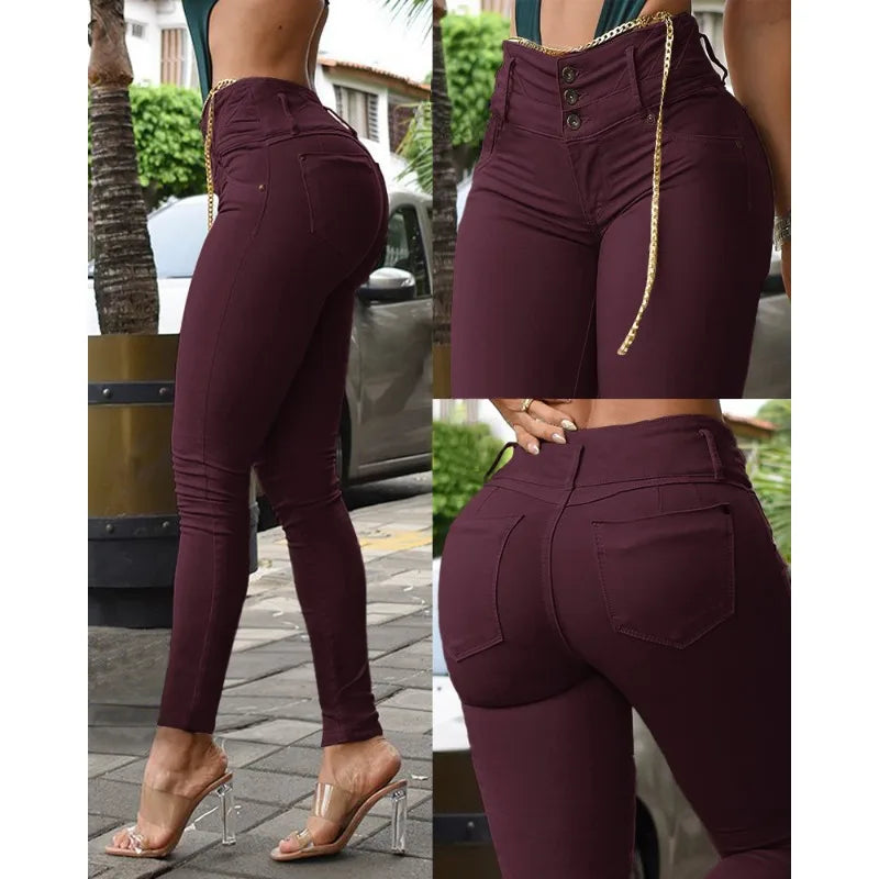 Spring Autumn New Pants Trousers Women's Solid Color High Waist Button Skinny Pants Women's Fashion Slim Fit Pencil Pants Main image