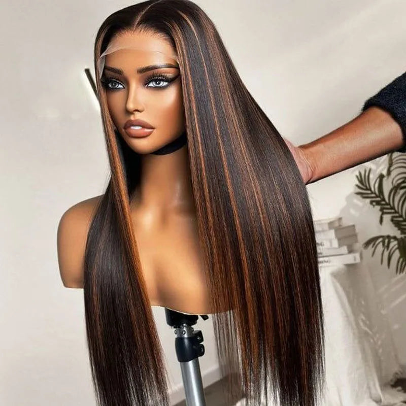 1B/30 Black and Brown Highlights Bone Straight 13x4 HD Lace Front Human Hair Wigs Brazilian Ombre Brown Colored Lace Frontal Wig