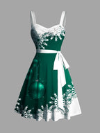 Dressfo Women's Christmas Dresses Sweetheart Neck Snowflake Bell Contrast Print Ruched Bust Tank Belt Festival Dress Vestidos