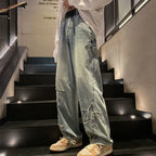 Xpqbb Y2K Vintage Streetwear Jeans Women Harajuku Star Aesthetic Wide Leg Denim Trousers High Waist Unisex Couple Straight Pants
