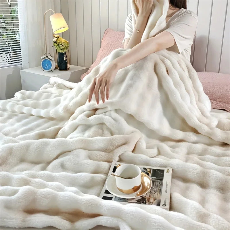 Luxurious Faux Rabbit Fur Bed Blanket - Soft, Thick, and Warm  Throw  All Seasons, Versatile for Sofa, Shawl, Travel, and Gifts
