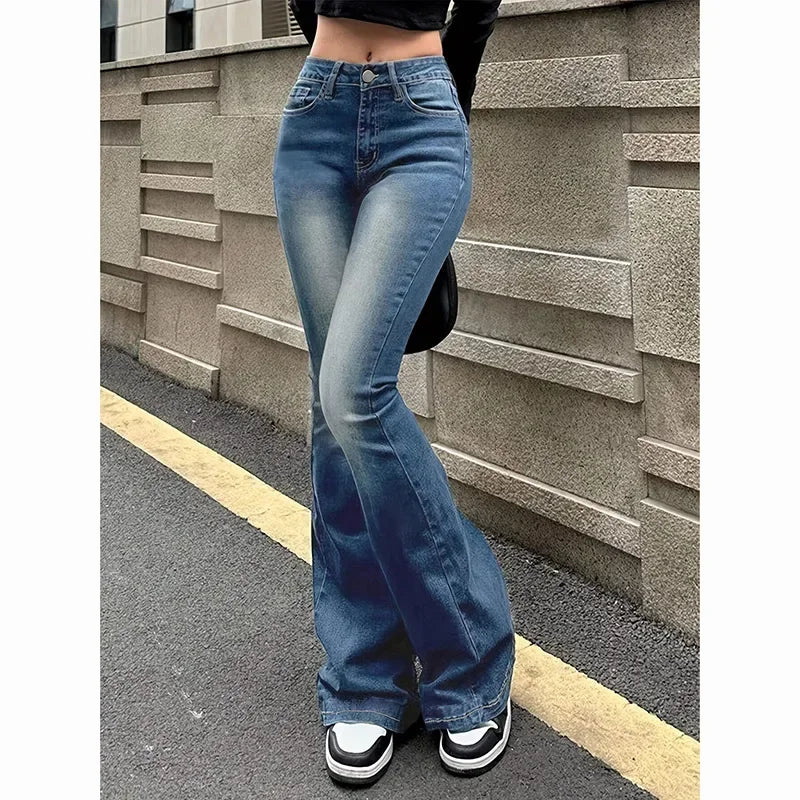 2026 Girls Concise Ins High Waist Flared Jeans Female Stretchy Bootcut Denim Pants Women Solid Color Thin Bell Bottoms Trousers Main image