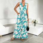 Summer Fashion Vacation Style Jumpsuits for Women Casual V Neck Sleeveless Color Blocking Lace Up High Waist Wide Leg Jumpsuit