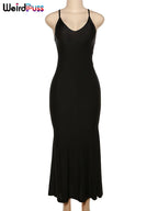 Weird Puss Sexy Backless Women Evening Maxi Dress Folds V-Neck Sleeveless Coquette Elegant Mermaid Matching Banquet Prom Bodycon