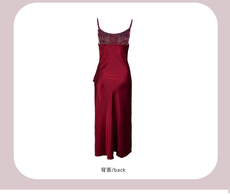 Red New Sling Sexy And Charming Ruffle Edge Bottom Split Smooth Surface Sleeveless Appear Thin Temperament Girl Long Dress 👗
