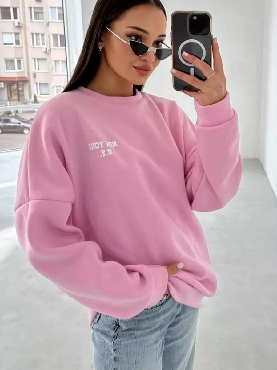 Popular Letter Printing Autumn Winter Loose Versatile Temperament Lazy Style Casual Round Neck Sweatshirt for Women