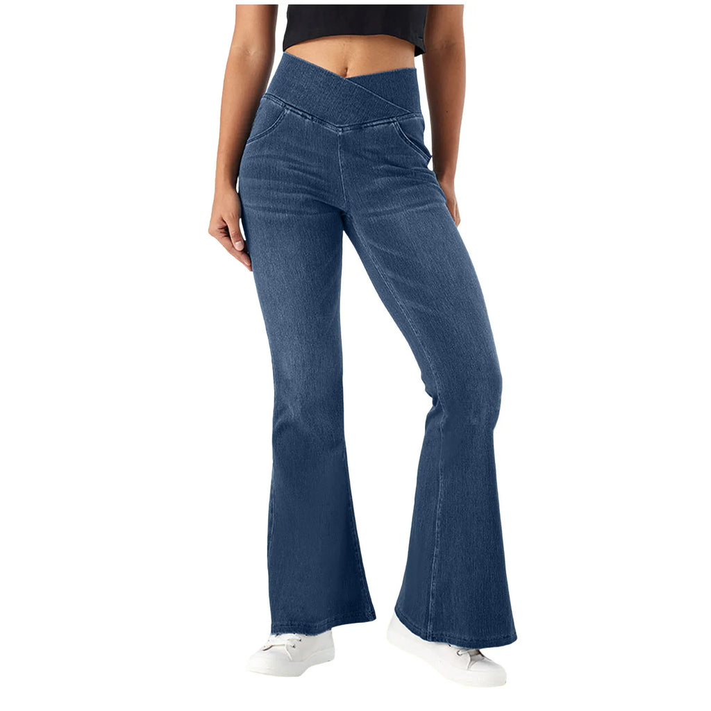 Stretch Denim Flared Pants Womens' Shiny High-Waist Denim Pants Lightweight Flare Jeans Slimming Fit Ladies' Trousers Ropa Mujer
