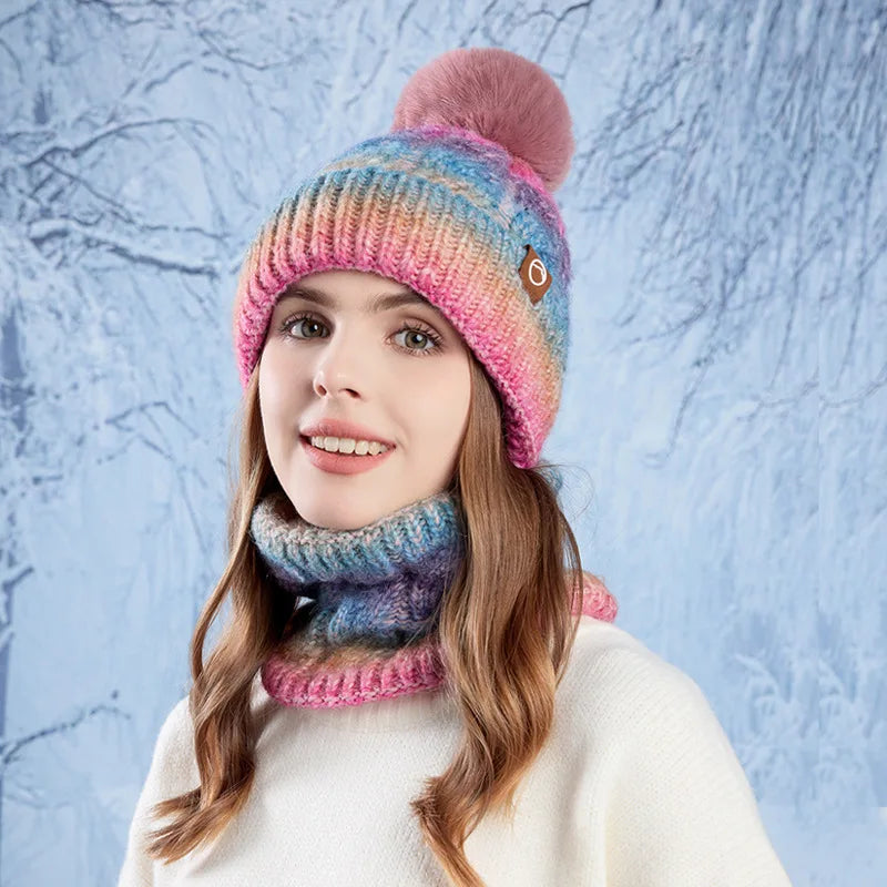 Winter Lady Warm Hat Scarf Two-piece Set Fleece Thickened Gradual Change Color Knitted Skiing Hat Fashion Pullover Hat for Women