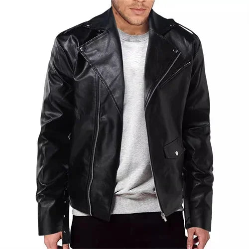 2026 New Men Solid Color Imitation Leather Jacket Red Fashion Homme Oblique Zipper Biker Coats Male Bar KTV Casual Top