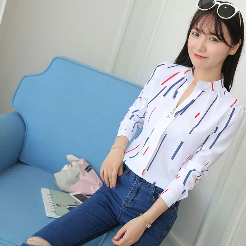 Xpqbb Autumn New White Shirt for Women Fashion Stripe Print Long Sleeve Office Lady Blouses Casual Loose Stand-up Collar Blusas