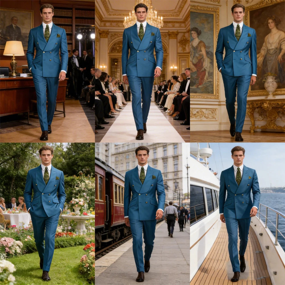 Men's Double Breasted Tuxedo Suit Shawl Lapel Slim Fit 2 Piece Blazer & Pants Formal Business Luxury Suits Casual Wedding Groom Secondary image