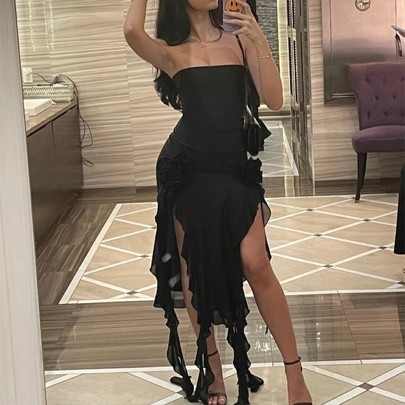 Women Strapless Sexy Floral Fold Hemline High Slit Mini Dress  2026 Solid Backless Sleeveless Black And Pink Party Dress Vestidos