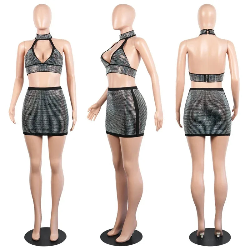 Sparkly Rhinestones Party Club Birthday Outfits for Women Two Piece Set Halter V-neck Crop Top and Mini Skirt Matching Sets
