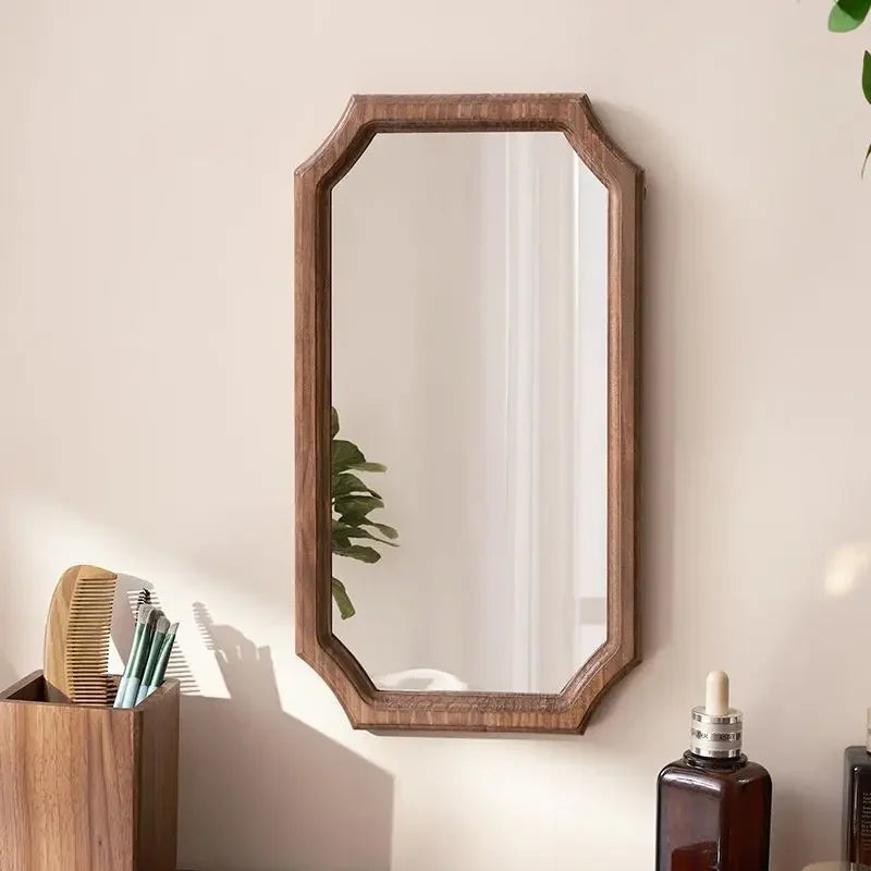 Retro Solid Wood Dressing Mirror Makeup Mirror Wall-mounted Bathroom Toilet Wall-mounted Punch-free Rectangular Bathroom Mirror