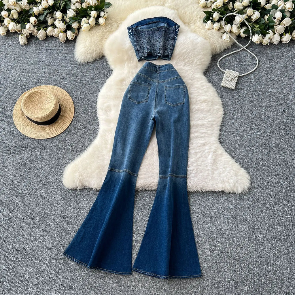 Denim Pant Set Women Two Piece Sets Sexy Matching Sets Sleeveless Short Tops Long Flare Pants High Waist Slim Hot Diamond