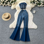 Denim Pant Set Women Two Piece Sets Sexy Matching Sets Sleeveless Short Tops Long Flare Pants High Waist Slim Hot Diamond