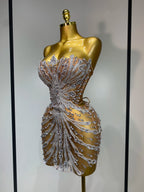 Women Sexy Strapless Rhinestones  Mini Dress Performance Costume See Through Stage Dancer Club Evening Party Birthday Dress