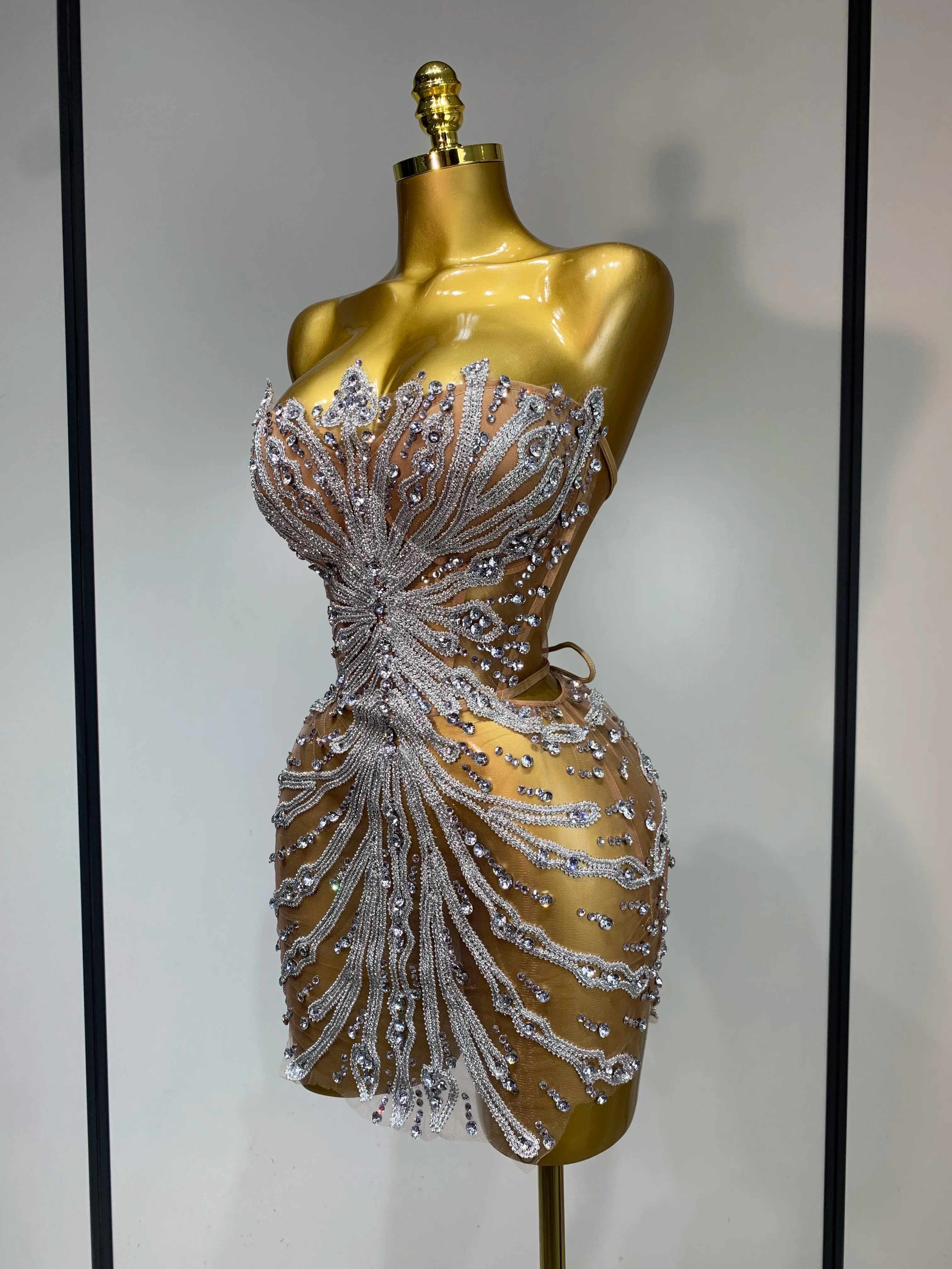 Women Sexy Strapless Rhinestones  Mini Dress Performance Costume See Through Stage Dancer Club Evening Party Birthday Dress