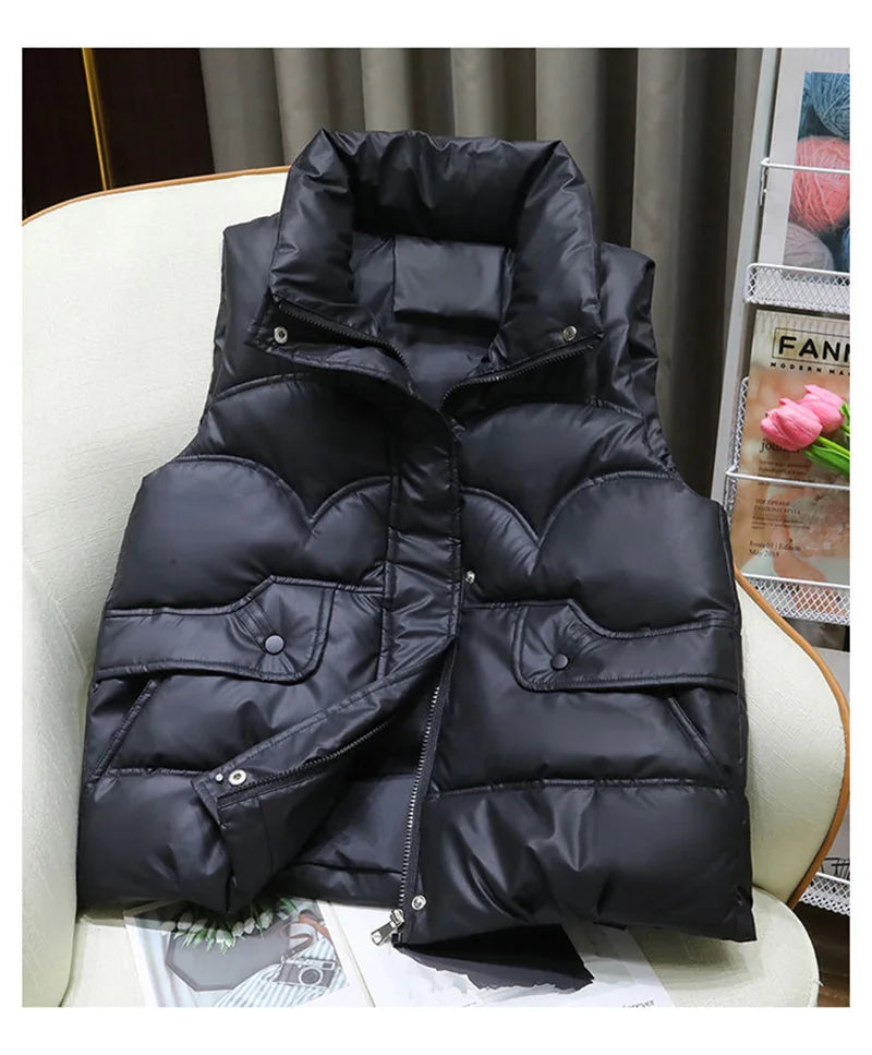 Down Cotton Vest Women 2025 New Autumn Winter Fashion Stand Collar All-Match Warm Sleeveless Waistcoat Jacket Ladies Female Tops
