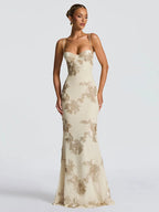 Nibber Elegant Flower Embroidery Maxi Dress Women Low-Neck Cross Bandage Backless Summer Street Trend Skinny Holiday Vestidos