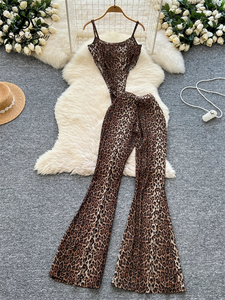SINGREINY 2026 Newest Leopard 2pcs Suits Women Sexy Strap Tops+Elastic Waist Flared Pants American Ins Fashion Hotsweet Sets Secondary image