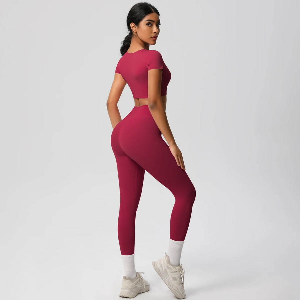 2PCS Woman Gym Sports Yoga Set Knitted Slim Workout Top Short Sleeve Quick Drying Legging Fitness Pants Running Sports Yoga Suit