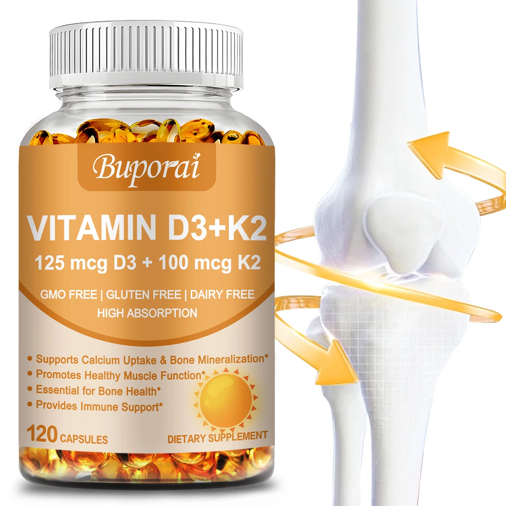 Vitamin D3 + K2 - Promote Calcium Absorption for Strong Bone, Joint, Skin, Immune, Vision and Heart Health - 120 Capsules Main image