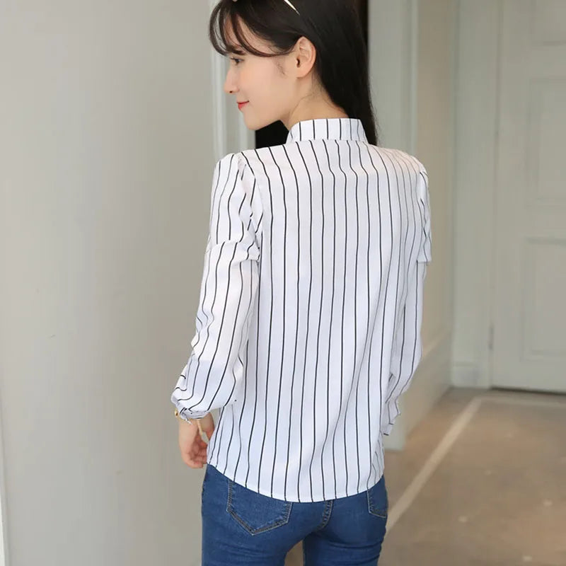 Xpqbb Autumn New White Shirt for Women Fashion Stripe Print Long Sleeve Office Lady Blouses Casual Loose Stand-up Collar Blusas