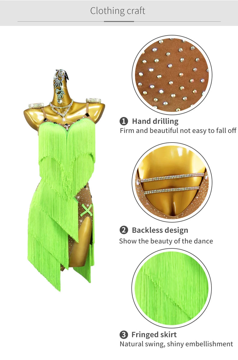 2025 New Latin Dance Dress Adult Womens Sexy Short Skirt Tassel Clothes Ballroom Practice Wear Line Suit Prom Costume Customized