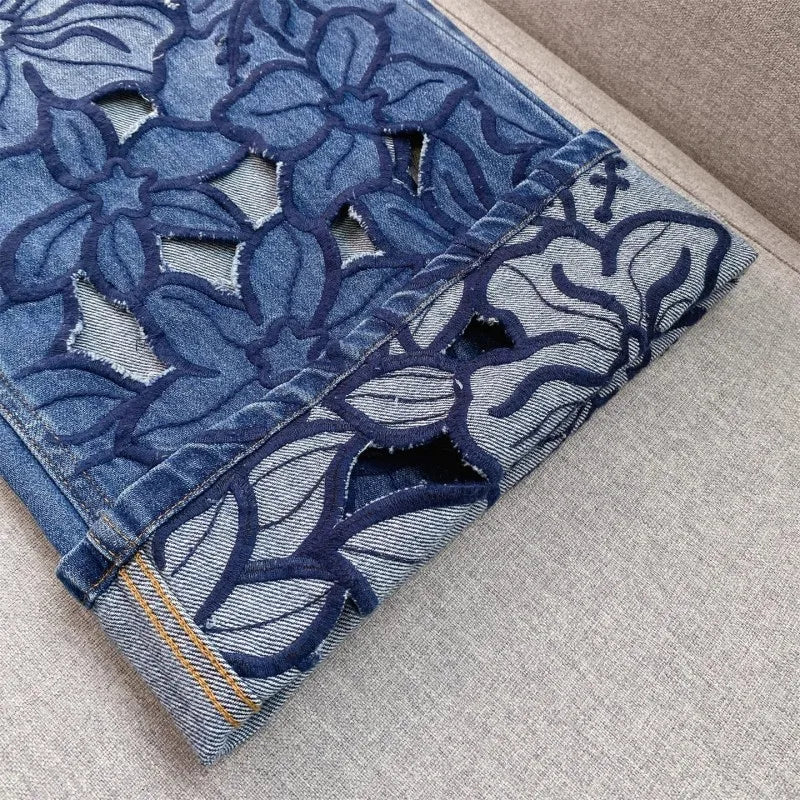 Summer Women Jeans Floral Embroidery Straight Trousers Designer Streetwear Casual Hollow Out Vintage High Waist Denim Long Pants
