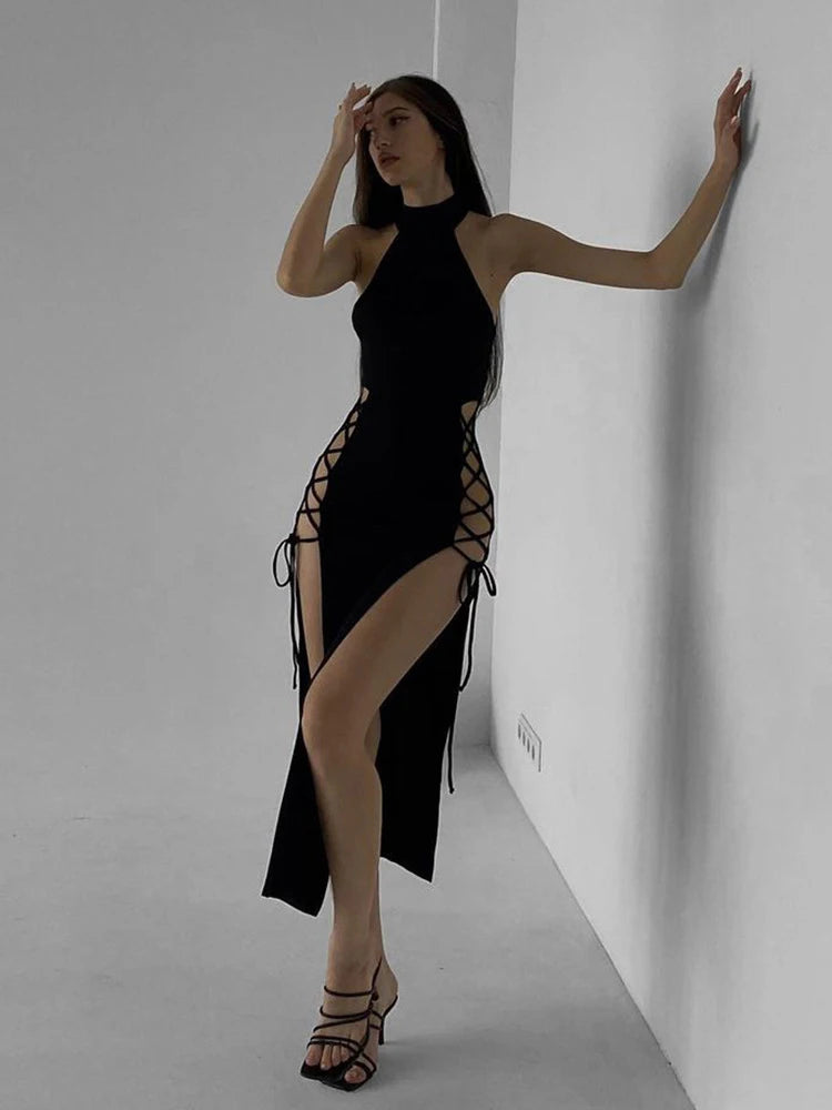 Goth Dark Cosplay High Split Sexy Bandage Women Dresses Y2K Mall Gothic Halter Slim Midi Dress Black Grunge Style Alt Partywear