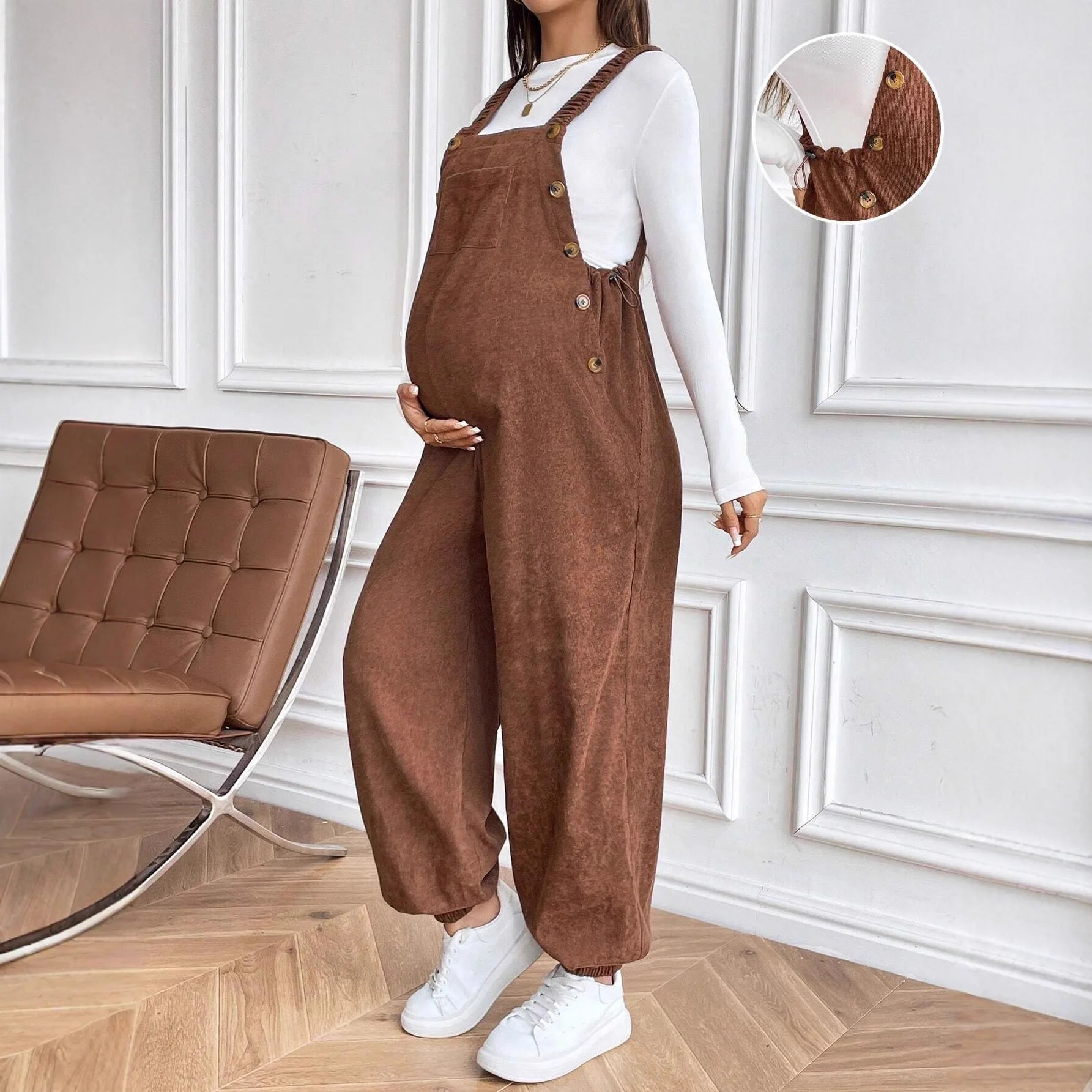 Maternity Clothes for Pregnant Women Pregnancy Clothing 2025 Autumn Winter Adjustable Waist Fashionable Loose Corduroy Overalls Main image
